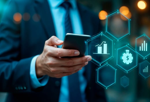 Credit management and fintech professional using mobile technology with digital finance analytics, charts, and payment icons.