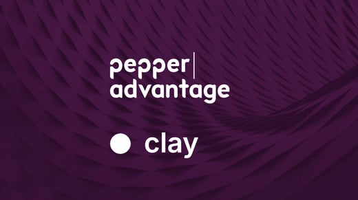Pepper Advantage logo above Clay logo over a purple layered background