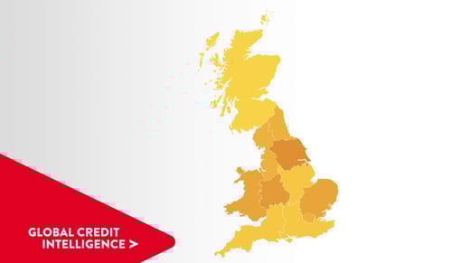 Yellow map of the UK with red Global Credit Intelligence chevron point in the bottom left corner.
