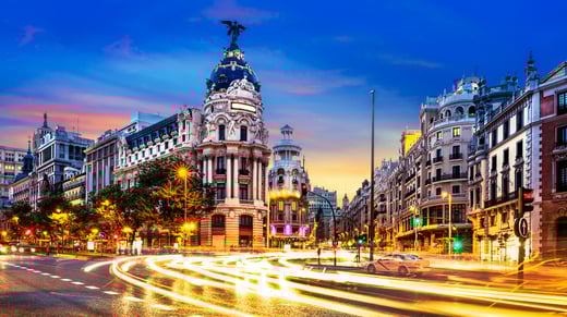Blurred lights on the city streets in Madrid Spain