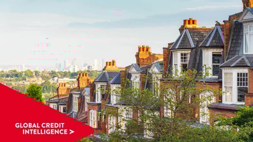 Row of houses in Muswell Houses, London, UK. Global Credit Intelligence chevron point overlaid.