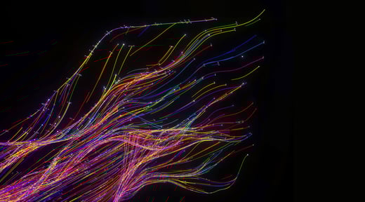 Digital generated image of abstract flowing data made out of numbers and glowing turbulent multi coloured splines on black background.