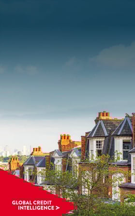 Row of houses in Muswell Hills, London, UK. Global Credit Intelligence chevron point overlaid.
