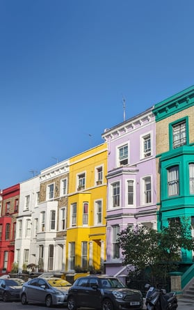Colourful row of houses in Notting Hill, London, UK