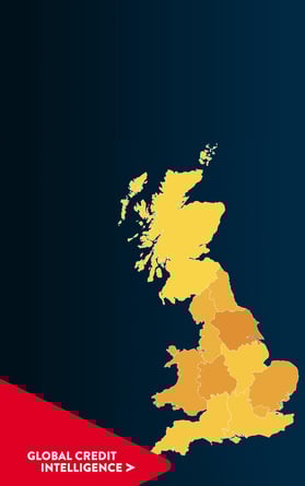 Yellow map of the UK with red Global Credit Intelligence chevron point in the bottom left corner.