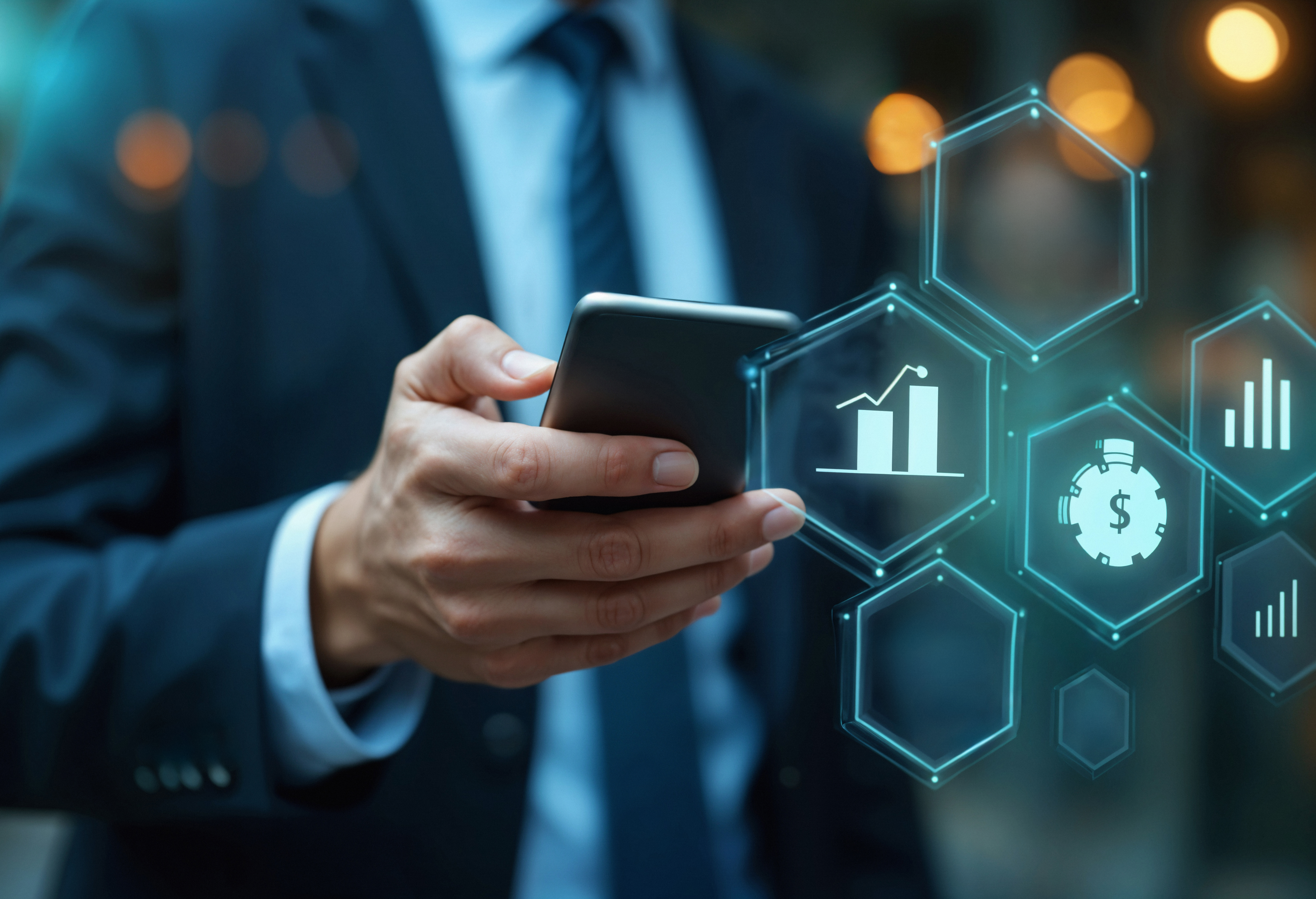 Credit management and fintech professional using mobile technology with digital finance analytics, charts, and payment icons.