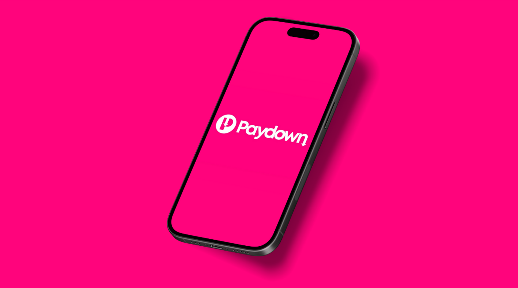 Mobile phone with the Paydown, the first mobile-first lending platform from global credit management and technology company, logo on a magenta background. 